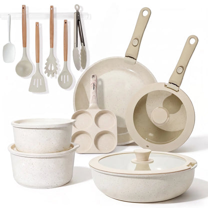 19-Piece Nonstick Cookware Set – Detachable Handle & 4-in-1 Multi-Use Pan