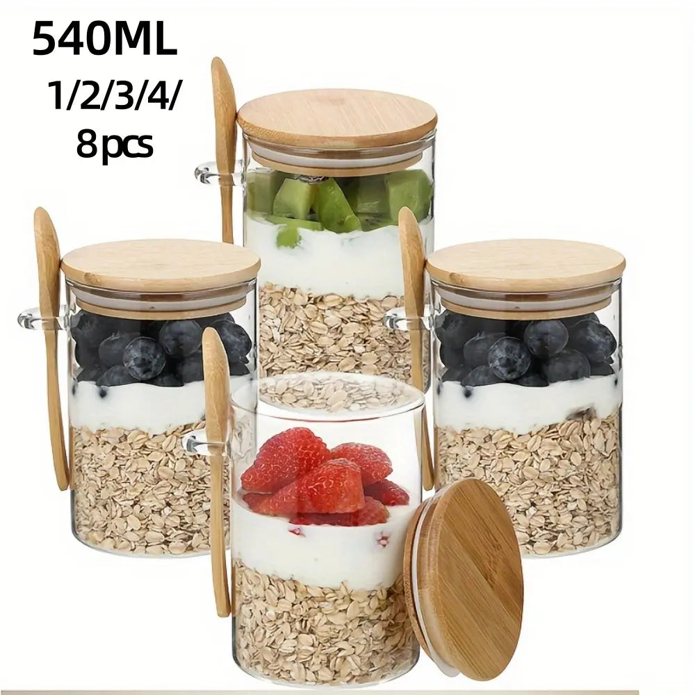 Glass Storage Jar with Wooden Lid & Spoon – Airtight Kitchen Container, 1/2/3/4/8 Pack