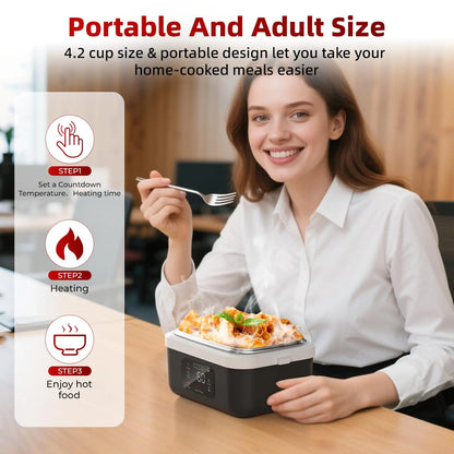 Cordless Self-Heating Electric Lunch Box – Rechargeable, 1L Portable Food Warmer with Timer