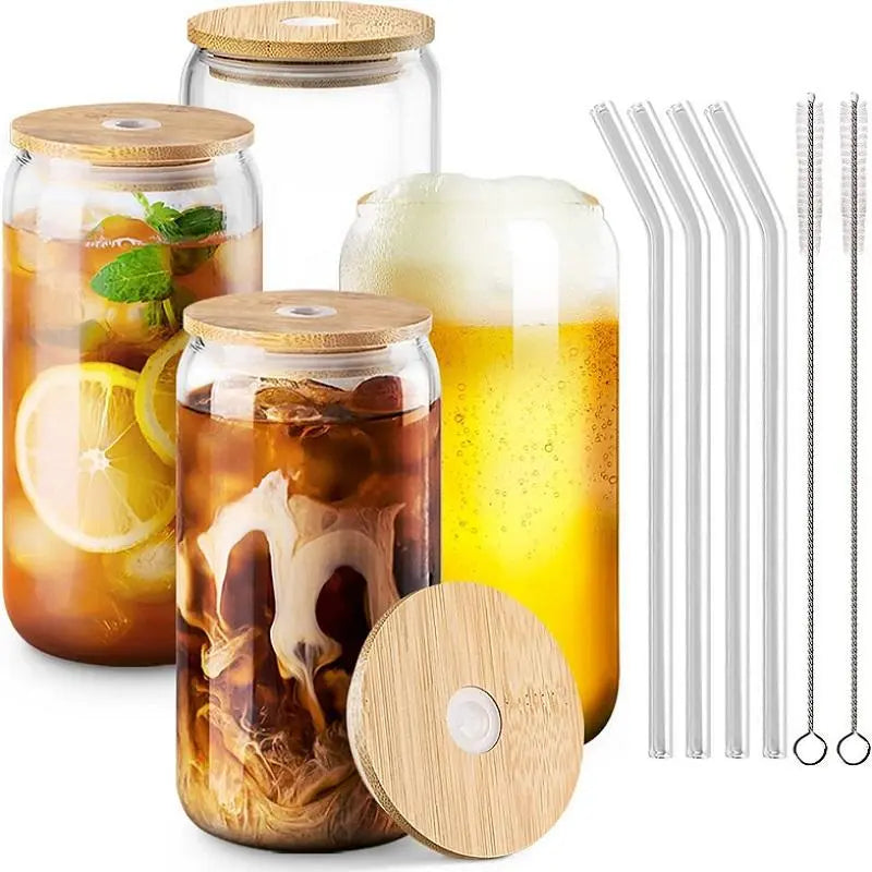Glass Can-Shaped Cup Set – Clear Tumbler with Lid, Straw & Cleaning Brush