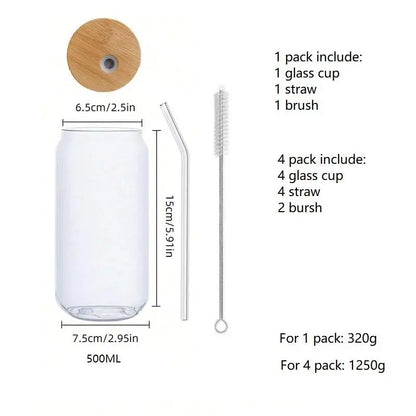 Glass Can-Shaped Cup Set – Clear Tumbler with Lid, Straw & Cleaning Brush