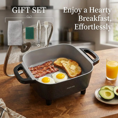 AORAN Ceramic Electric Skillet – Nonstick Deep Frying Pan with Glass Lid & Adjustable Heat