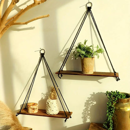 Bohemian Floating Wall Shelf – Handwoven Paper Towel Holder & Wooden Storage Rack