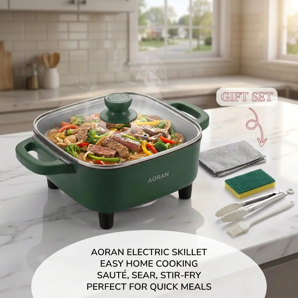 AORAN Ceramic Electric Skillet – Nonstick Deep Frying Pan with Glass Lid & Adjustable Heat