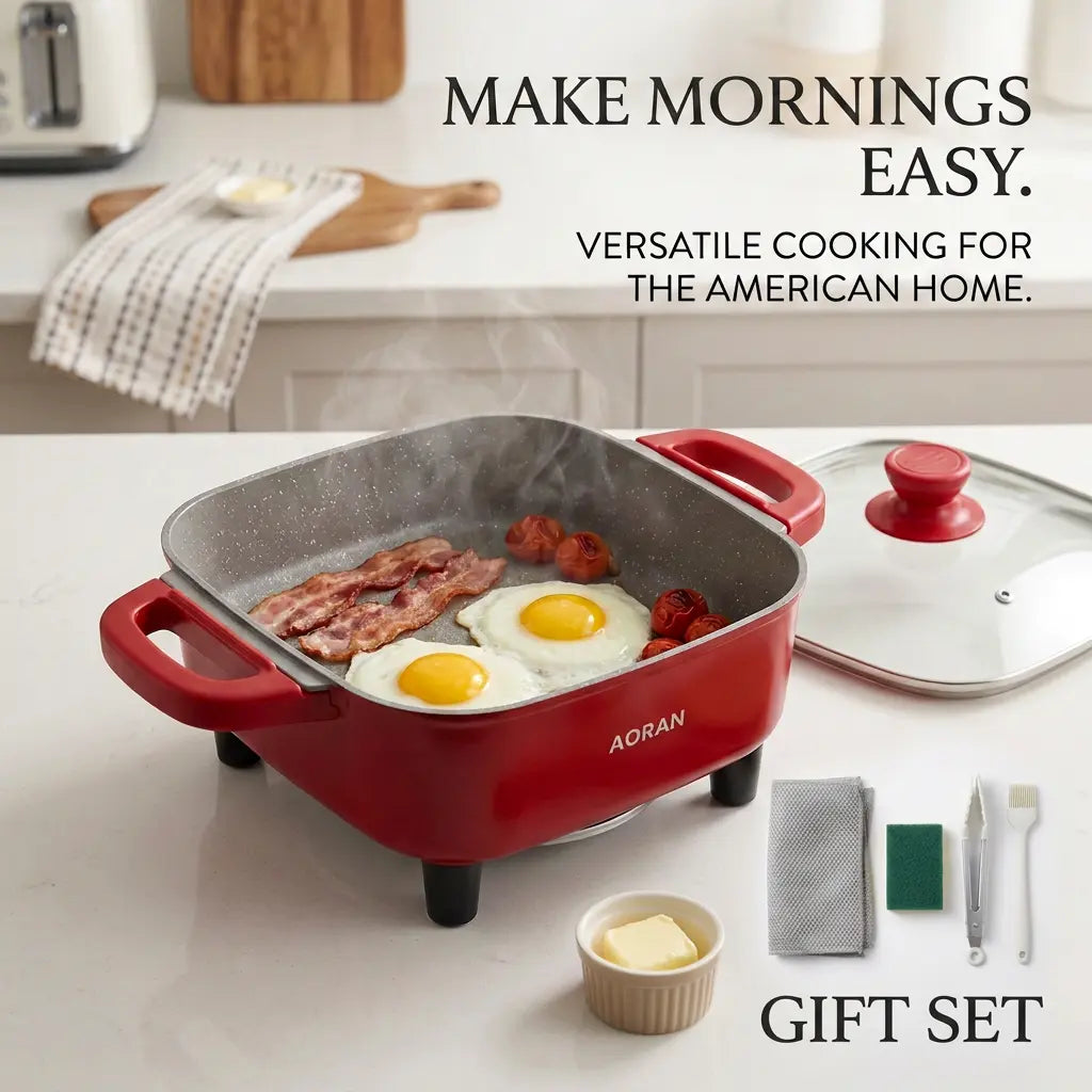 AORAN Ceramic Electric Skillet – Nonstick Deep Frying Pan with Glass Lid & Adjustable Heat