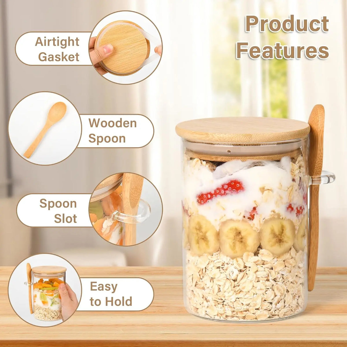 Glass Storage Jar with Wooden Lid & Spoon – Airtight Kitchen Container, 1/2/3/4/8 Pack