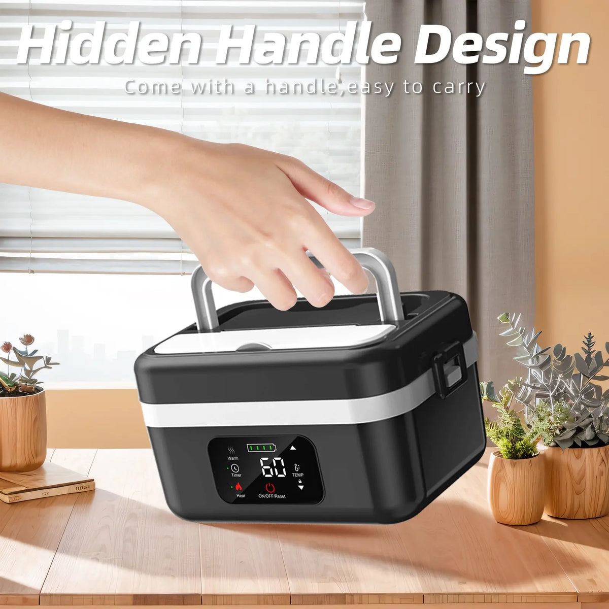 Cordless Self-Heating Electric Lunch Box – Rechargeable, 1L Portable Food Warmer with Timer