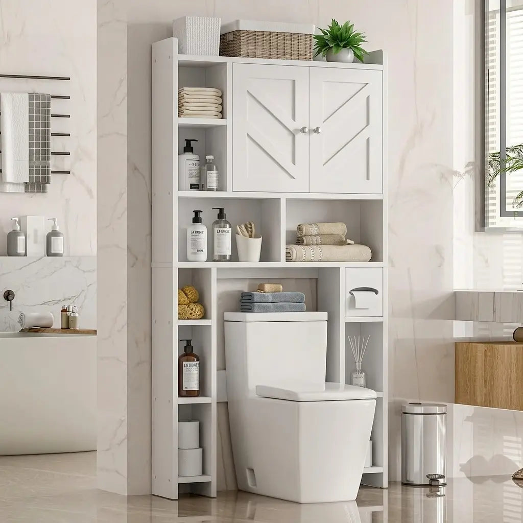 Walsunny Over-the-Toilet Storage Cabinet – Farmhouse Bathroom Organizer with Barn Doors