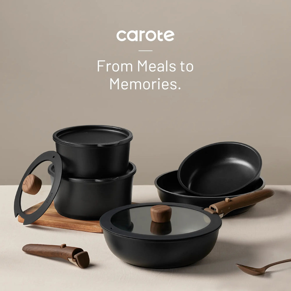 [Official] CAROTE Nonstick Pots & Pans Set – 19/22/26-Piece Options, Wooden Detachable Handle, Space-Saving Cookware