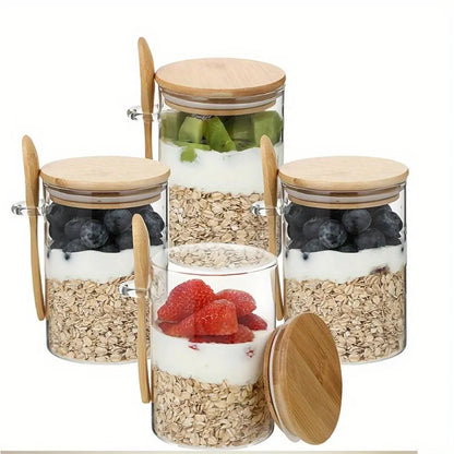 Glass Storage Jar with Wooden Lid & Spoon – Airtight Kitchen Container, 1/2/3/4/8 Pack