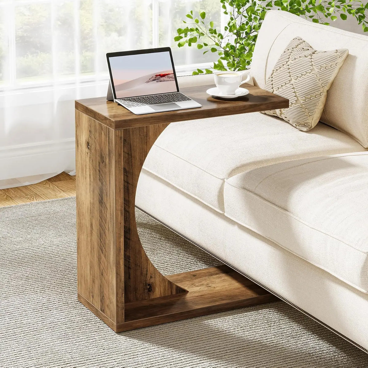 LITTLE TREE C-Shaped End Table – Rustic Brown Sofa Side Table & Over-Couch Tray