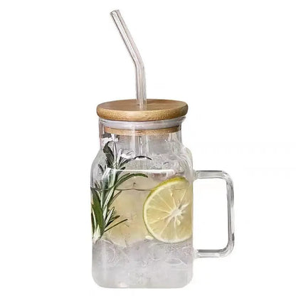Borosilicate Transparent Glass Square Cup with Lid and Straw for Drinks Drinkware Stylish Sturdy