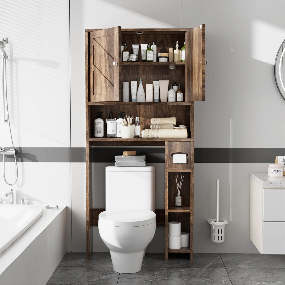 Walsunny Over-the-Toilet Storage Cabinet – Farmhouse Bathroom Organizer with Barn Doors