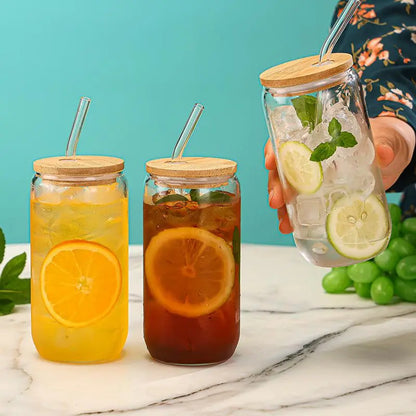 Glass Can-Shaped Cup Set – Clear Tumbler with Lid, Straw & Cleaning Brush