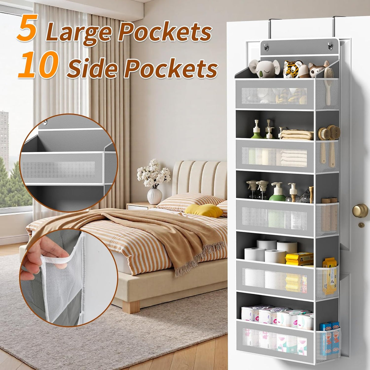 5-Tier Over-the-Door Organizer – 5 Large Baskets & 10 Side Pockets, 44-Lb Storage Capacity, Grey