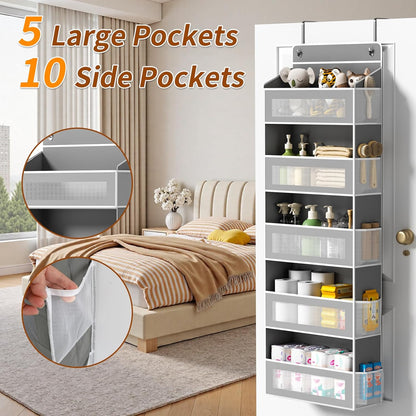 5-Tier Over-the-Door Organizer – 5 Large Baskets & 10 Side Pockets, 44-Lb Storage Capacity, Grey