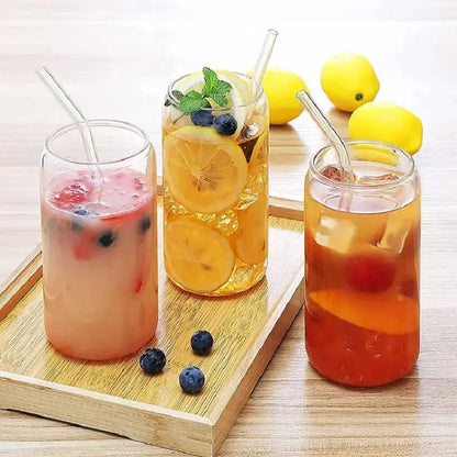 Glass Can-Shaped Cup Set – Clear Tumbler with Lid, Straw & Cleaning Brush