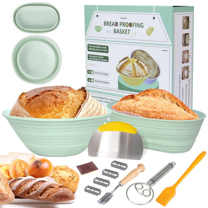 Silicone Bread Basket Set – Round & Oval Sourdough Proofing Baskets with Baking Tools