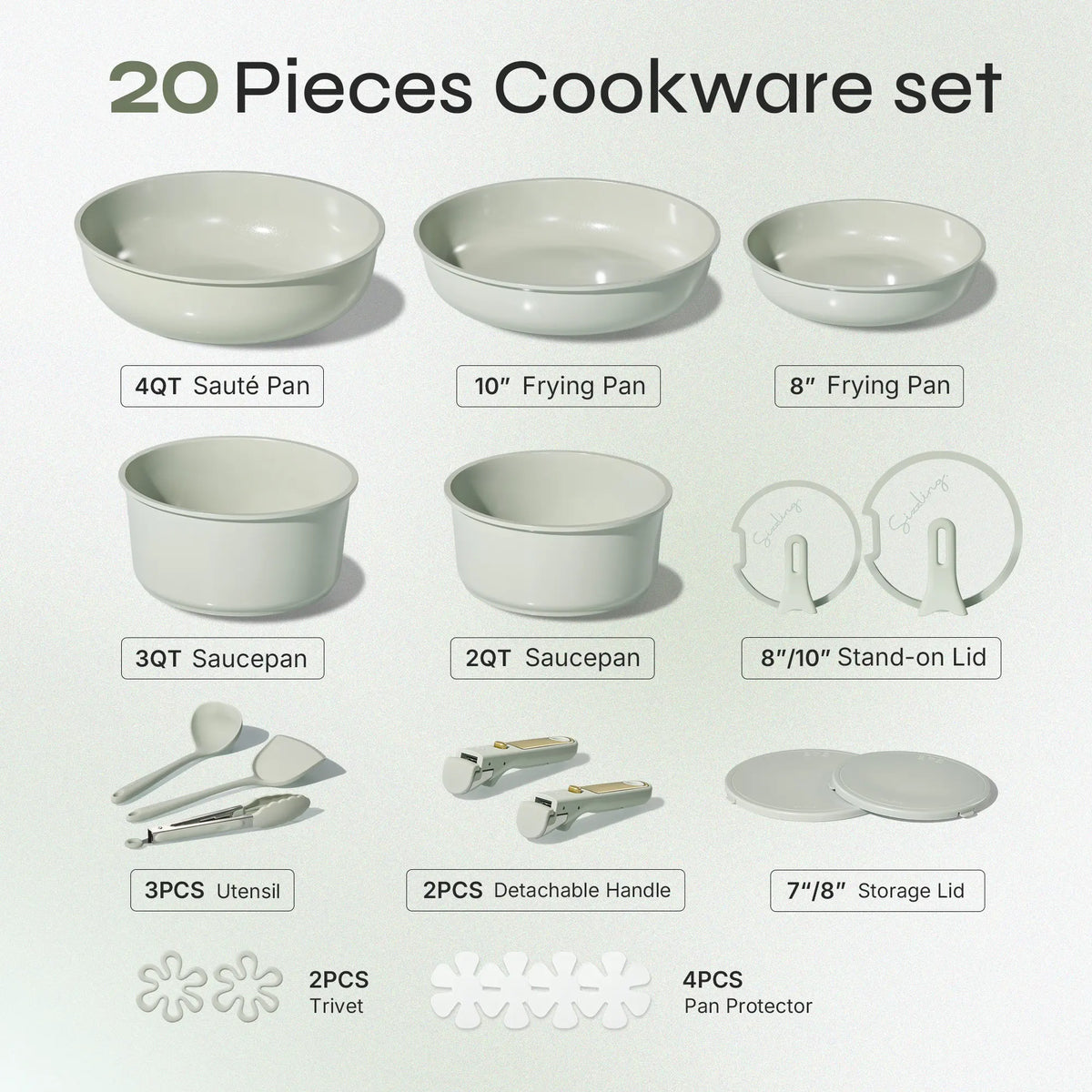 [Official] CAROTE 20-Piece Nonstick Pots & Pans Set – Ceramic Cookware, Detachable Handle & Stand-Up Lids, Multiple Colors