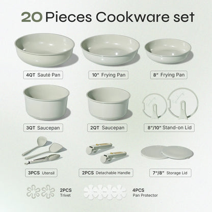 [Official] CAROTE 20-Piece Nonstick Pots & Pans Set – Ceramic Cookware, Detachable Handle & Stand-Up Lids, Multiple Colors