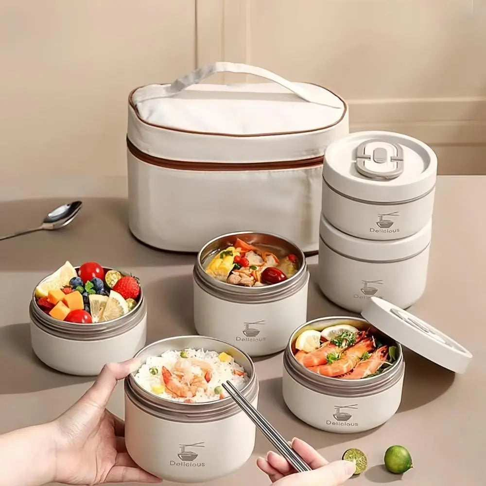 Stainless Steel Lunch Box Set – 3/4-Piece Stackable Containers with Cooler Compartment & Insulated Bag