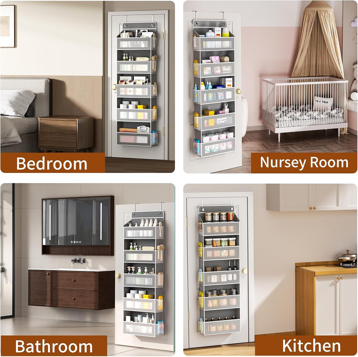 5-Tier Over-the-Door Organizer – 5 Large Baskets & 10 Side Pockets, 44-Lb Storage Capacity, Grey