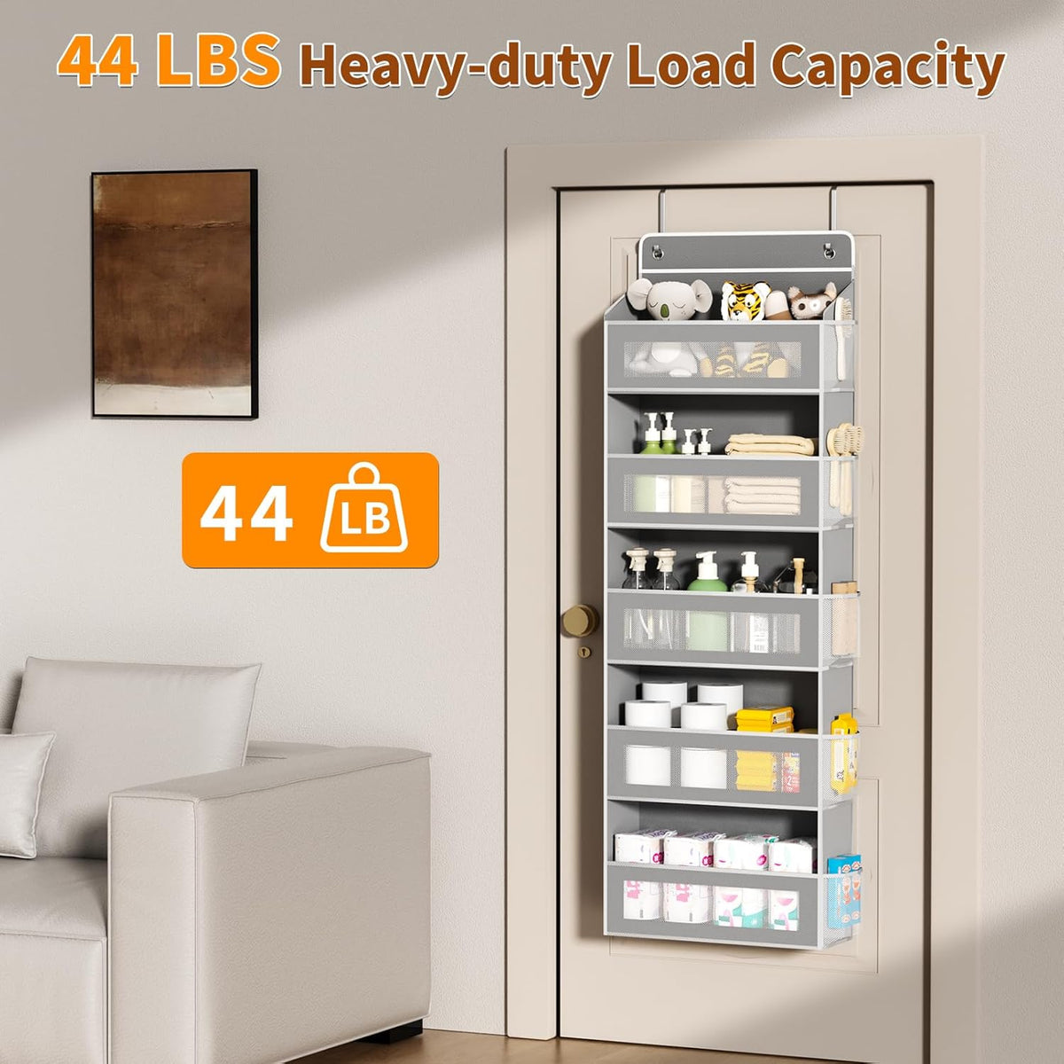 5-Tier Over-the-Door Organizer – 5 Large Baskets & 10 Side Pockets, 44-Lb Storage Capacity, Grey