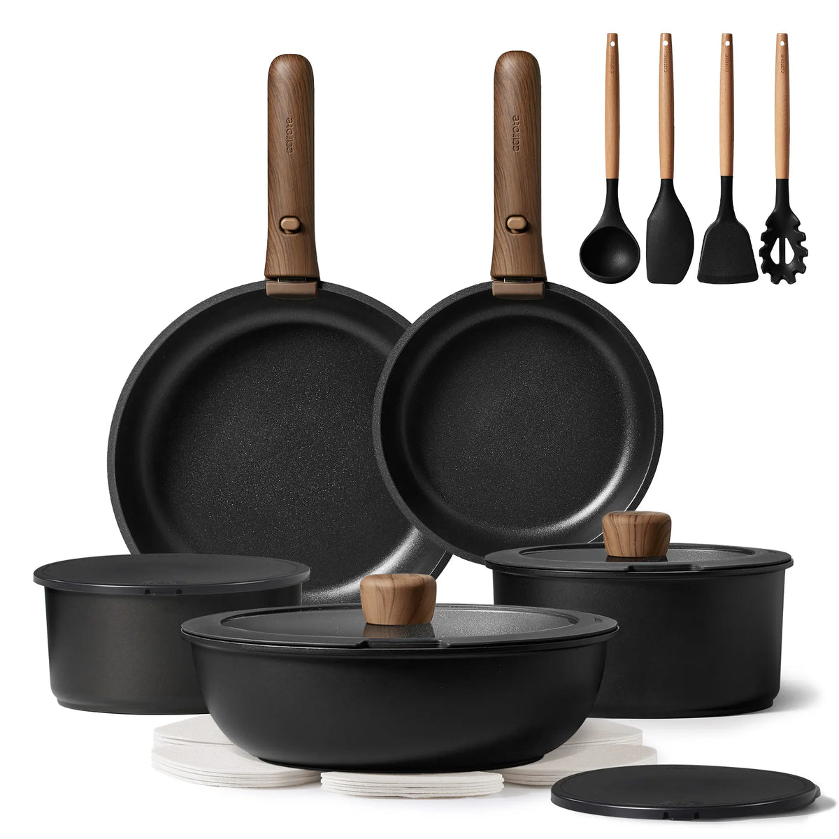 [Official] CAROTE Nonstick Pots & Pans Set – 19/22/26-Piece Options, Wooden Detachable Handle, Space-Saving Cookware