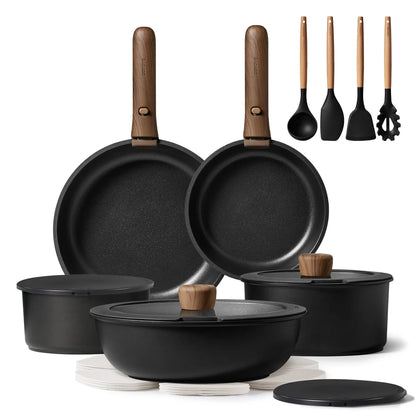 [Official] CAROTE Nonstick Pots & Pans Set – 19/22/26-Piece Options, Wooden Detachable Handle, Space-Saving Cookware