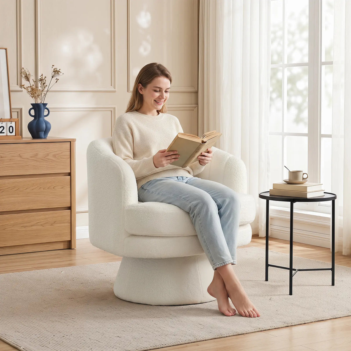 Ebello Lambswool Vanity Chair – 360° Swivel Round Accent Chair