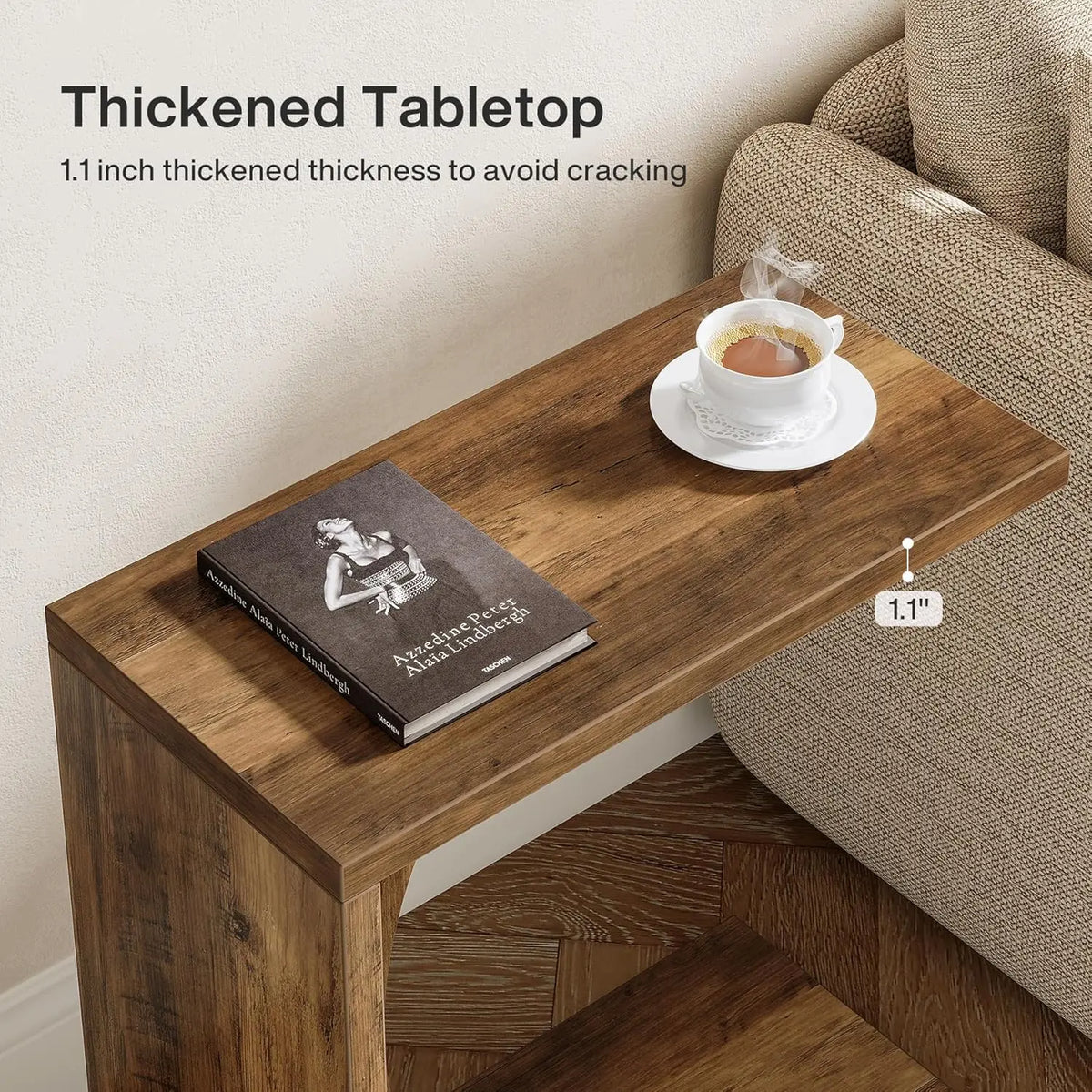 LITTLE TREE C-Shaped End Table – Rustic Brown Sofa Side Table & Over-Couch Tray