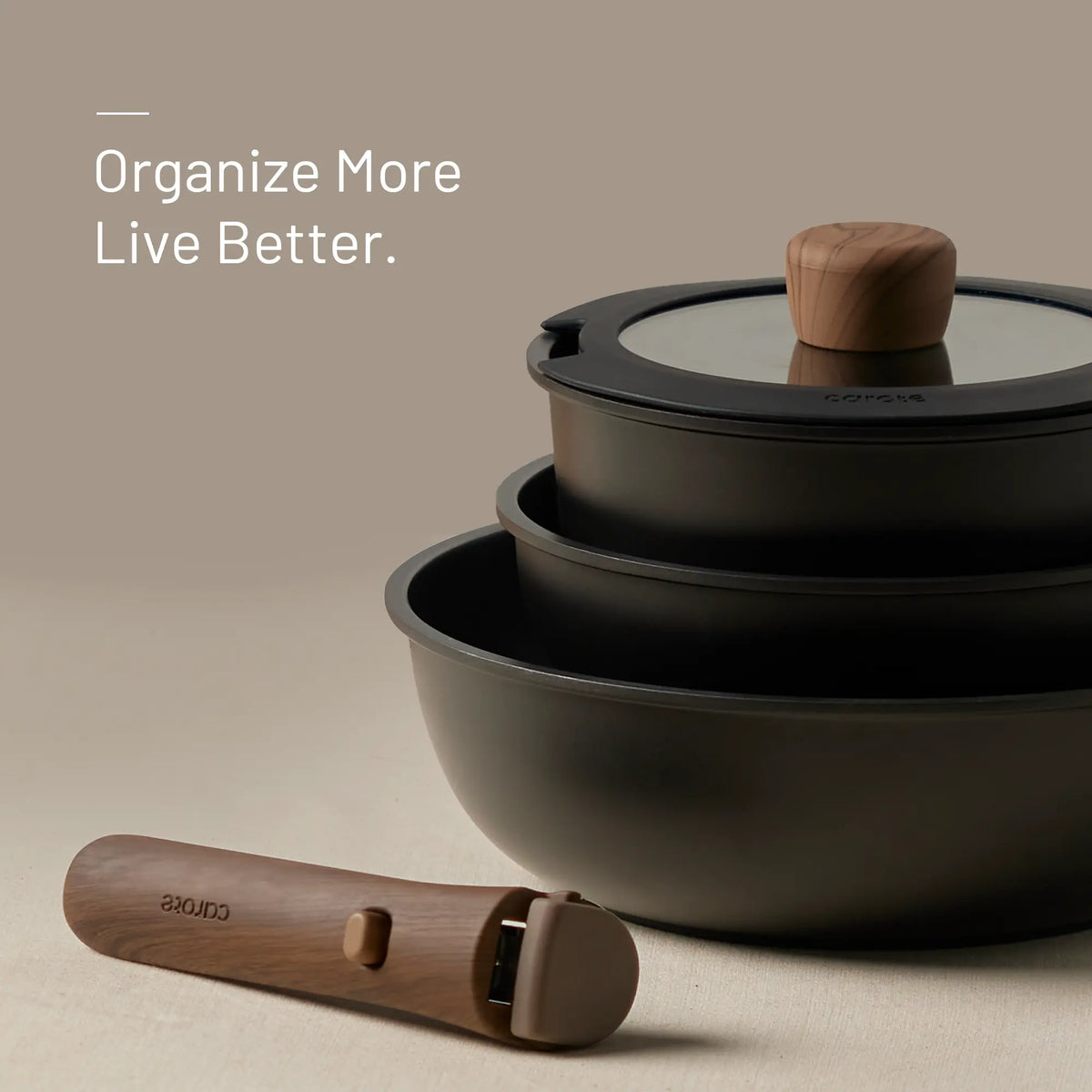 [Official] CAROTE Nonstick Pots & Pans Set – 19/22/26-Piece Options, Wooden Detachable Handle, Space-Saving Cookware