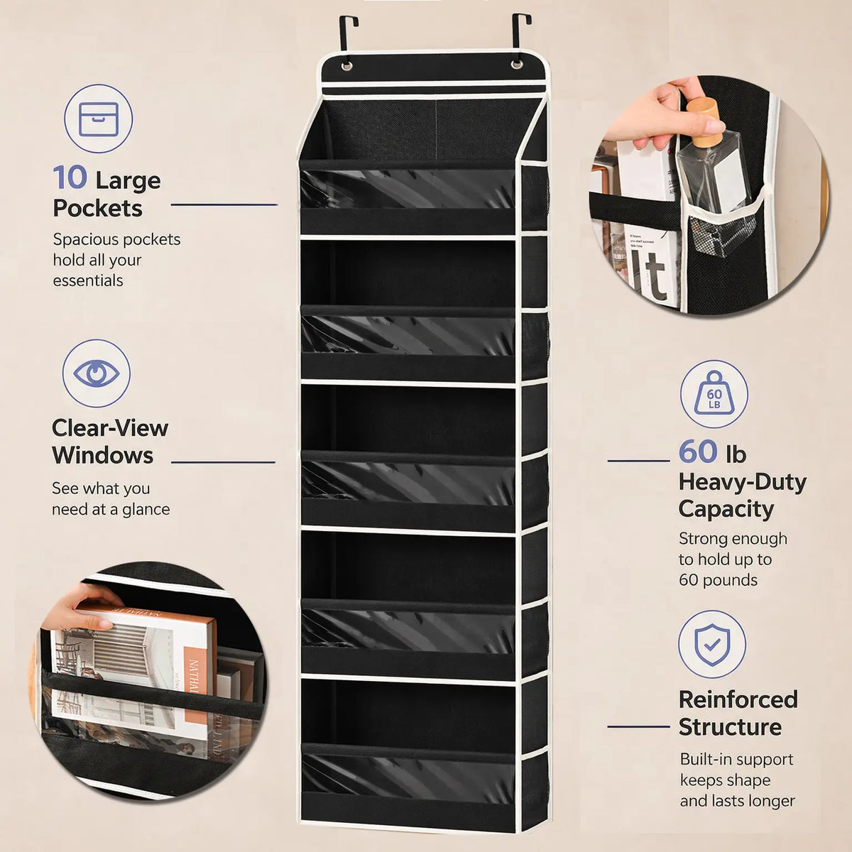 5-Tier Over-the-Door Organizer – 10 Large Pockets, 60-Lb Capacity, Space-Saving Storage